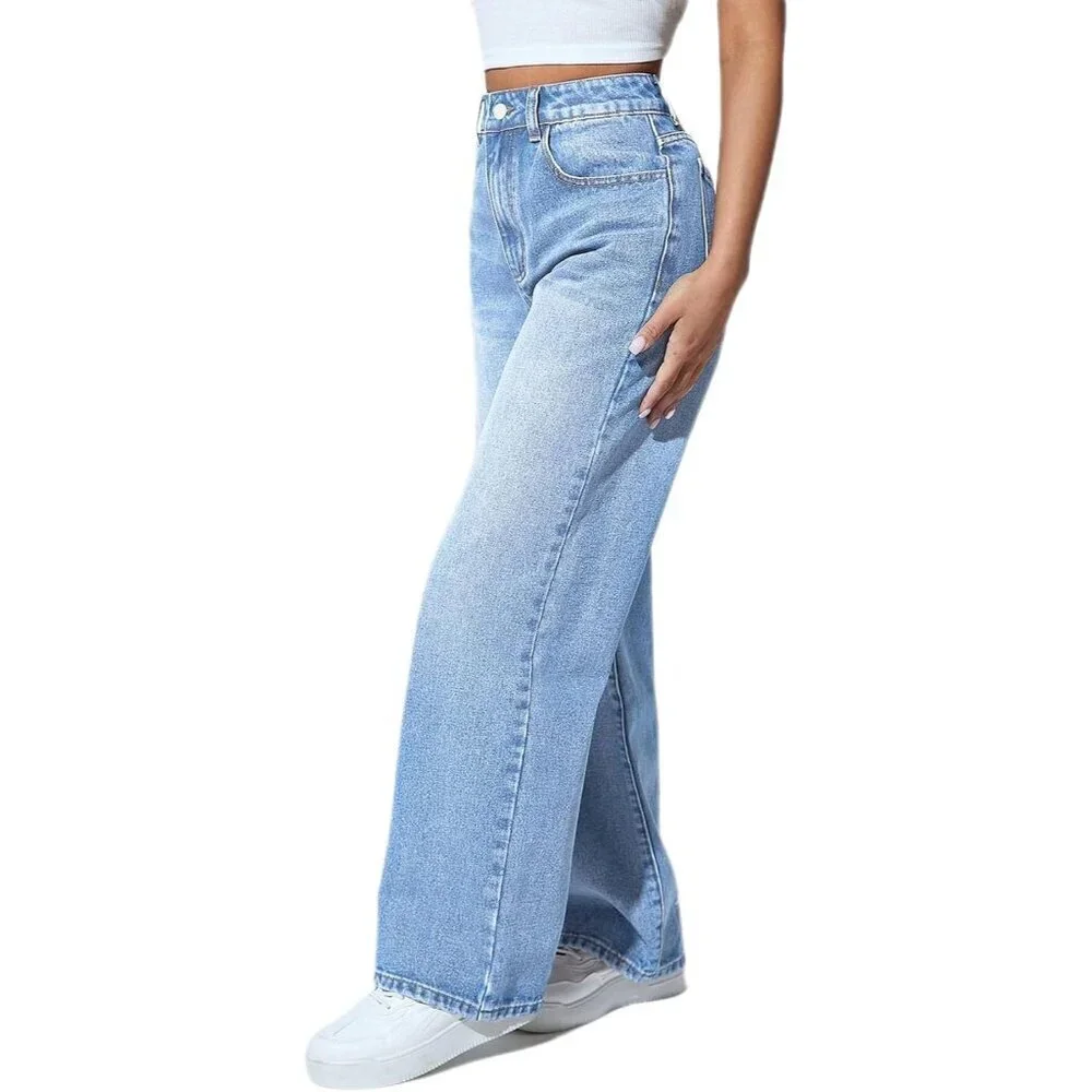 Women’s High Waisted Straight Leg Stretch Denim Jeans Light Blue Large